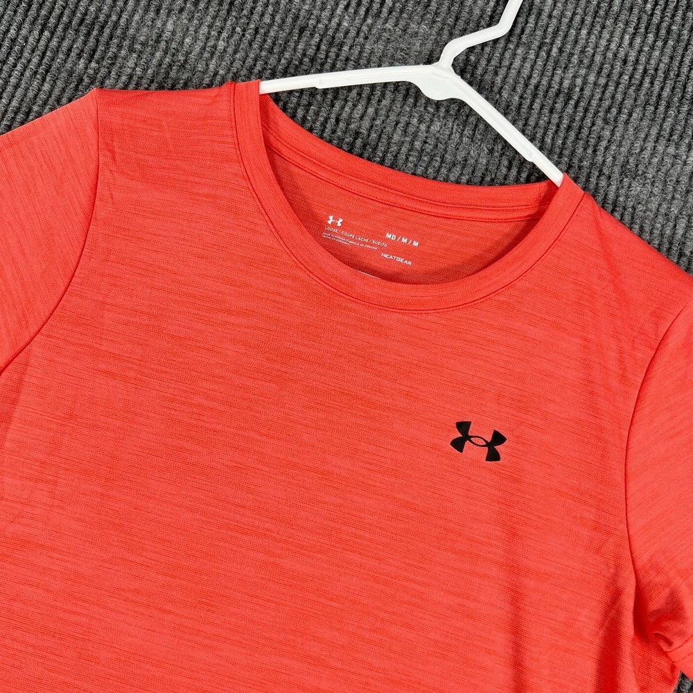 Under Armour Womens Medium Orange Short Sleeve Heat Gear Loose Fit Workout Gym